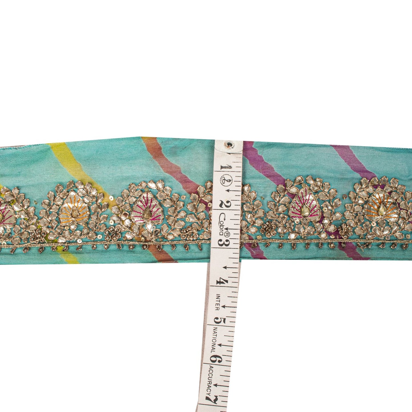 Sanskriti Vintage Blue Pure Georgette 1 YD Sari Border Hand Made Gota Patti Trim