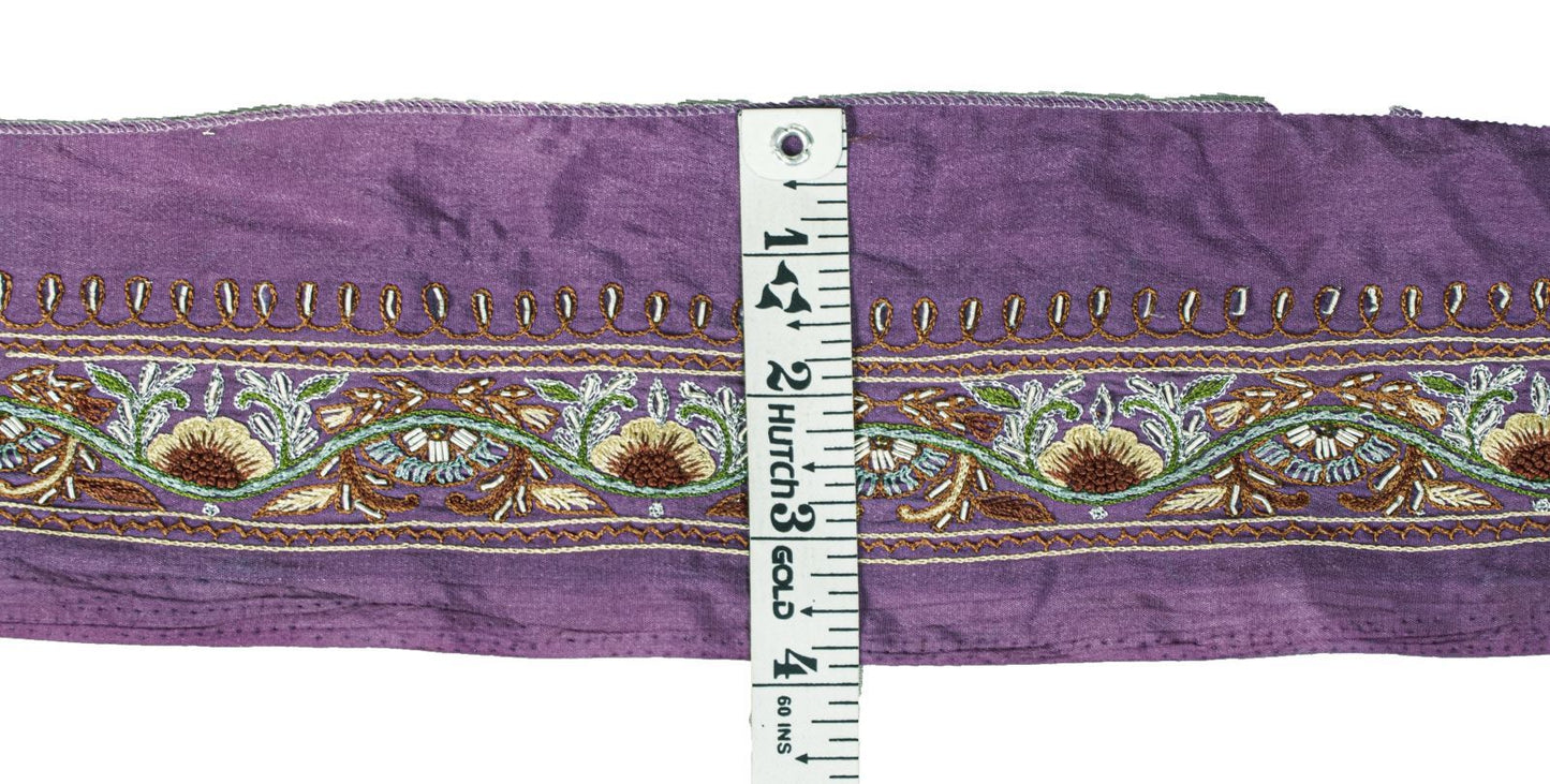 Sanskriti Vintage Purple Silk 1 YD Sari Border Embroidered Craft Trim RibbonLace
