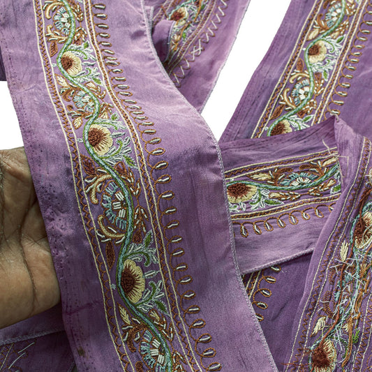 Sanskriti Vintage Purple Silk 1 YD Sari Border Embroidered Craft Trim RibbonLace