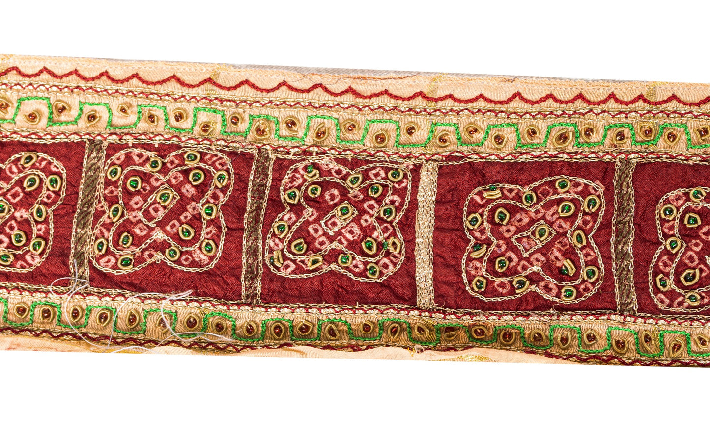 Sanskriti Vintage Red-Golden Beaded Saree Border Trim 1YD Craft Lace 4"W Silk