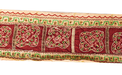 Sanskriti Vintage Red-Golden Beaded Saree Border Trim 1YD Craft Lace 4"W Silk