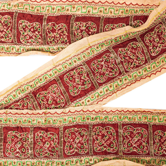 Sanskriti Vintage Red-Golden Beaded Saree Border Trim 1YD Craft Lace 4"W Silk