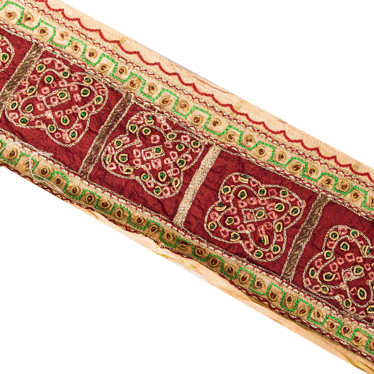 Sanskriti Vintage Red-Golden Beaded Saree Border Trim 1YD Craft Lace 4"W Silk