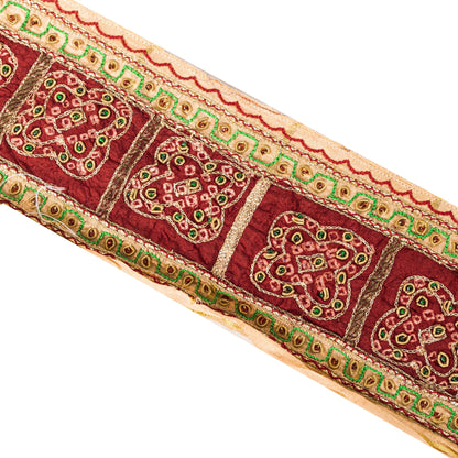 Sanskriti Vintage Red-Golden Beaded Saree Border Trim 1YD Craft Lace 4"W Silk