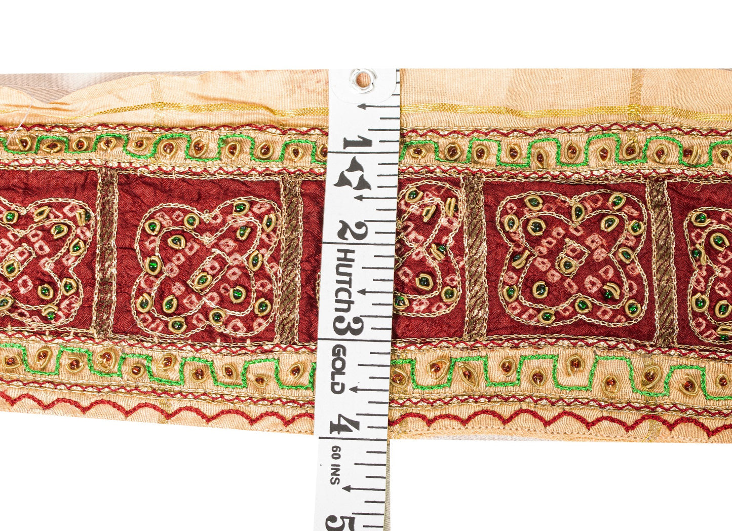 Sanskriti Vintage Red-Golden Beaded Saree Border Trim 1YD Craft Lace 4"W Silk