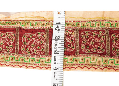 Sanskriti Vintage Red-Golden Beaded Saree Border Trim 1YD Craft Lace 4"W Silk