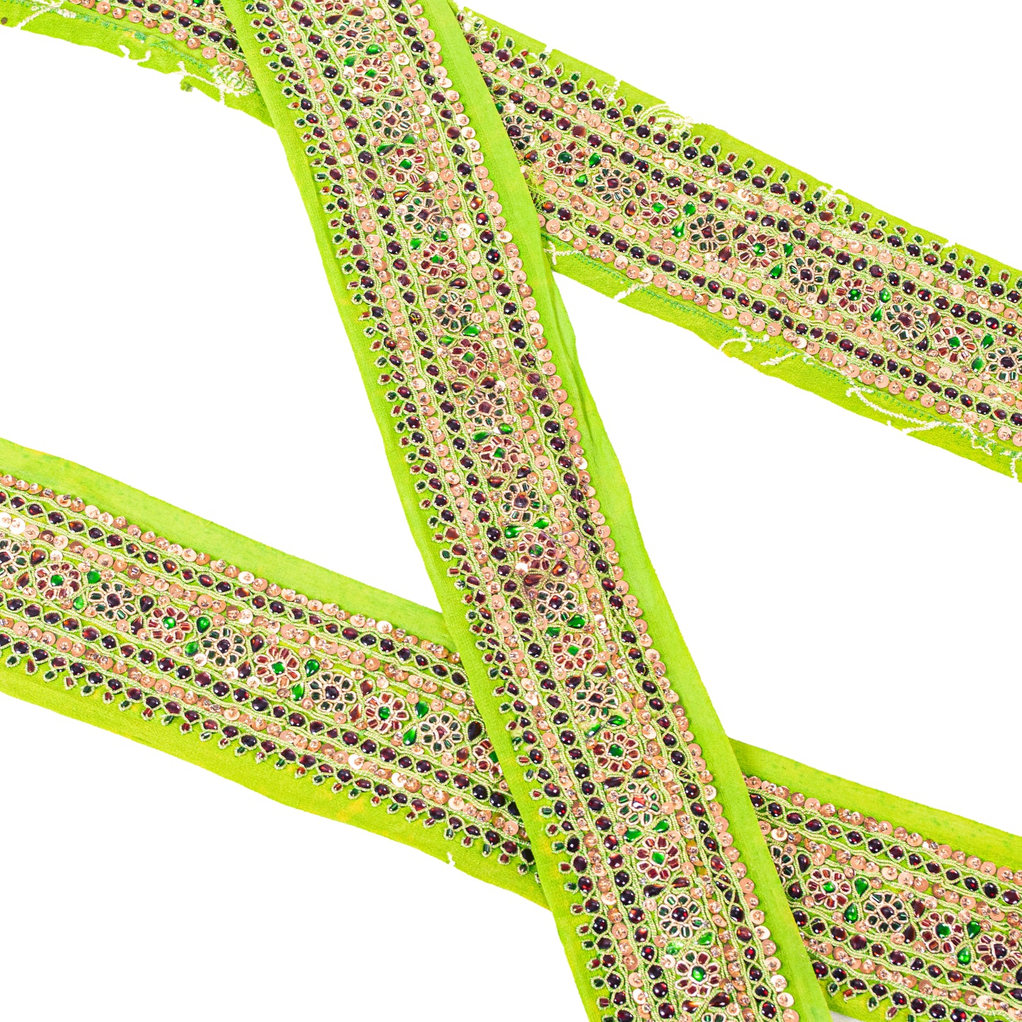 Sanskriti Vintage Craft Trims 1YD Saree Border Green Hand Beaded Rhinestone Lace