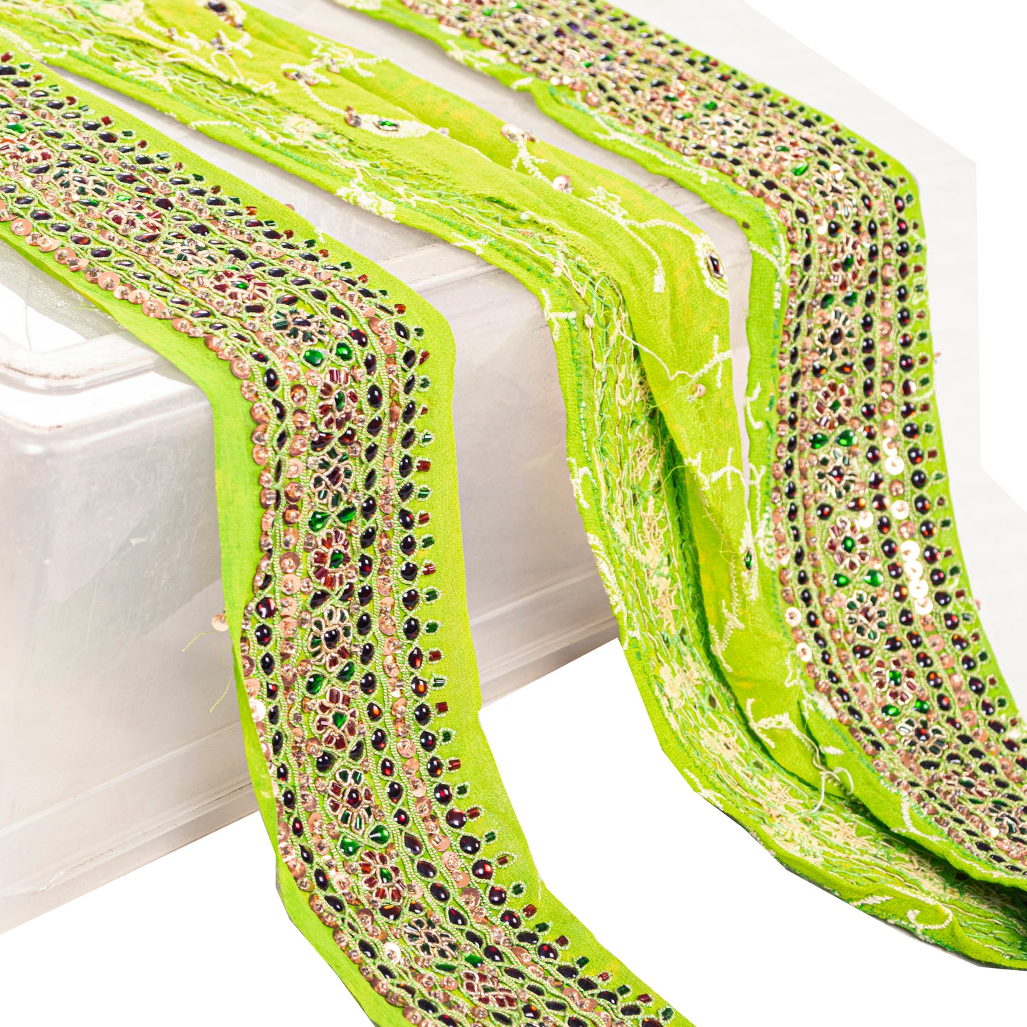 Sanskriti Vintage Craft Trims 1YD Saree Border Green Hand Beaded Rhinestone Lace