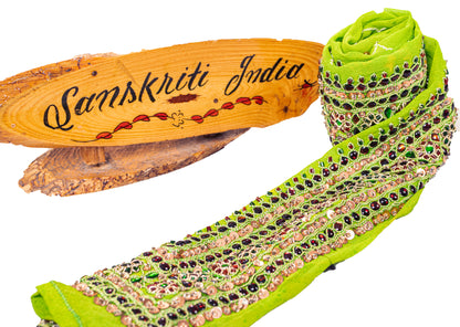 Sanskriti Vintage Craft Trims 1YD Saree Border Green Hand Beaded Rhinestone Lace