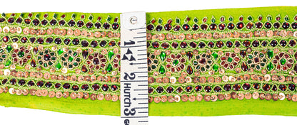 Sanskriti Vintage Craft Trims 1YD Saree Border Green Hand Beaded Rhinestone Lace