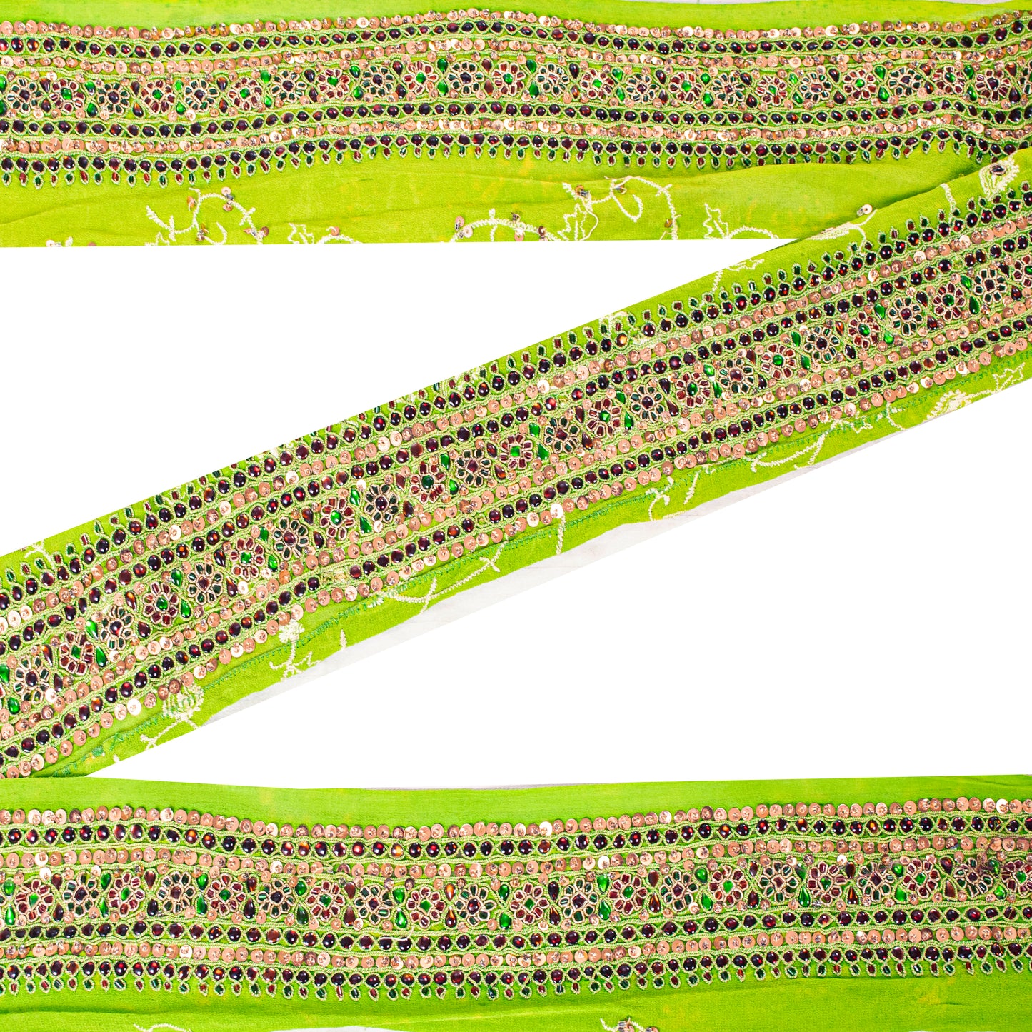 Sanskriti Vintage Craft Trims 1YD Saree Border Green Hand Beaded Rhinestone Lace