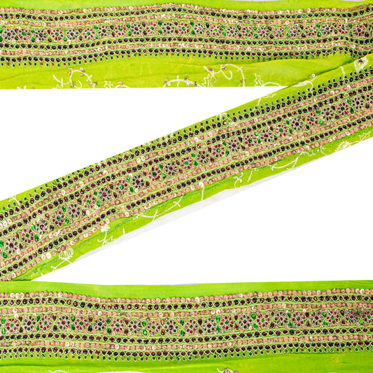 Sanskriti Vintage Craft Trims 1YD Saree Border Green Hand Beaded Rhinestone Lace