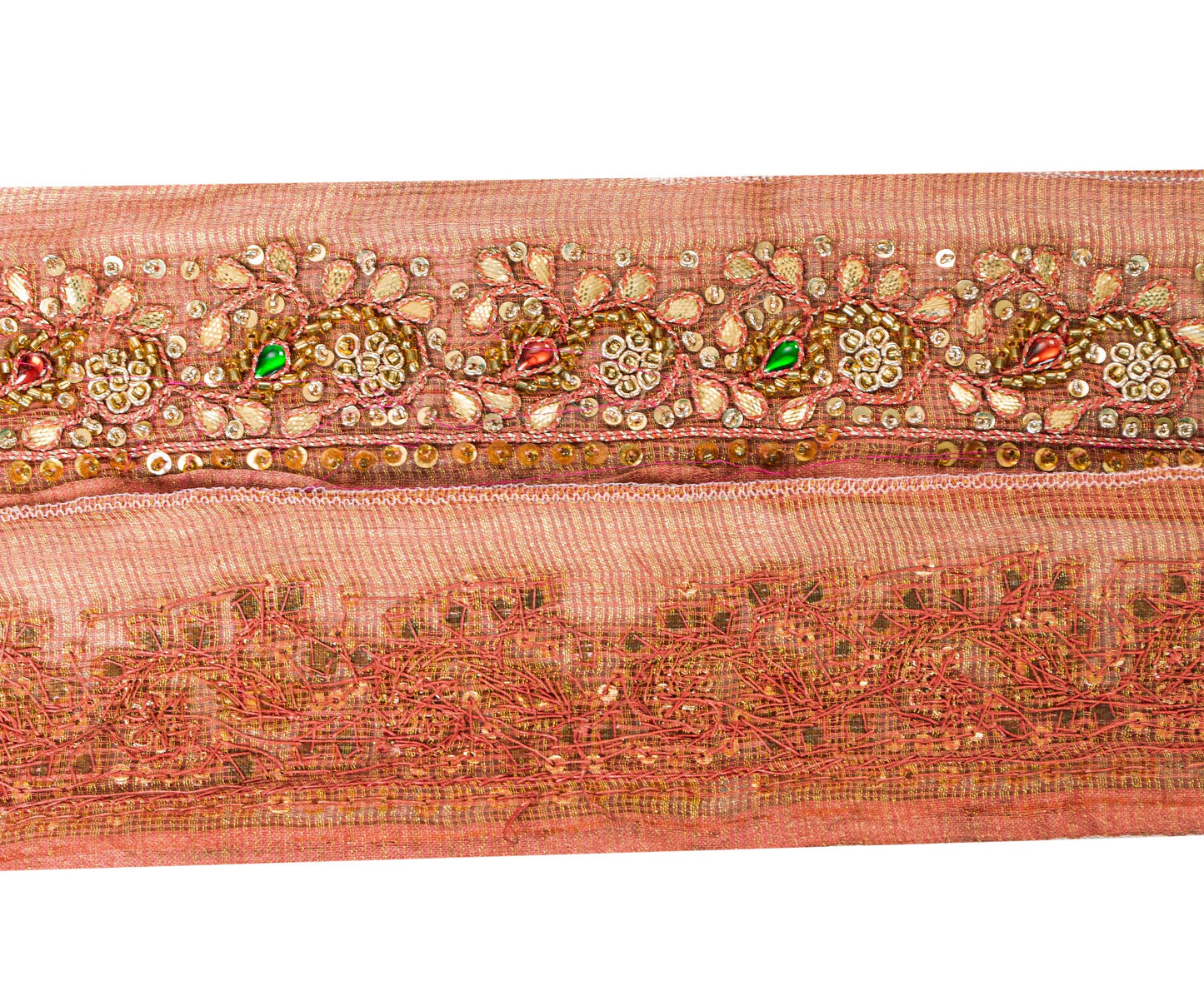 Sanskriti Vintage Red Beaded Saree Border Trim 1YD Craft Silk Zardozi Lace 2.1"W