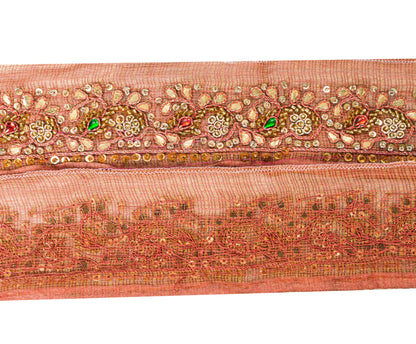 Sanskriti Vintage Red Beaded Saree Border Trim 1YD Craft Silk Zardozi Lace 2.1"W