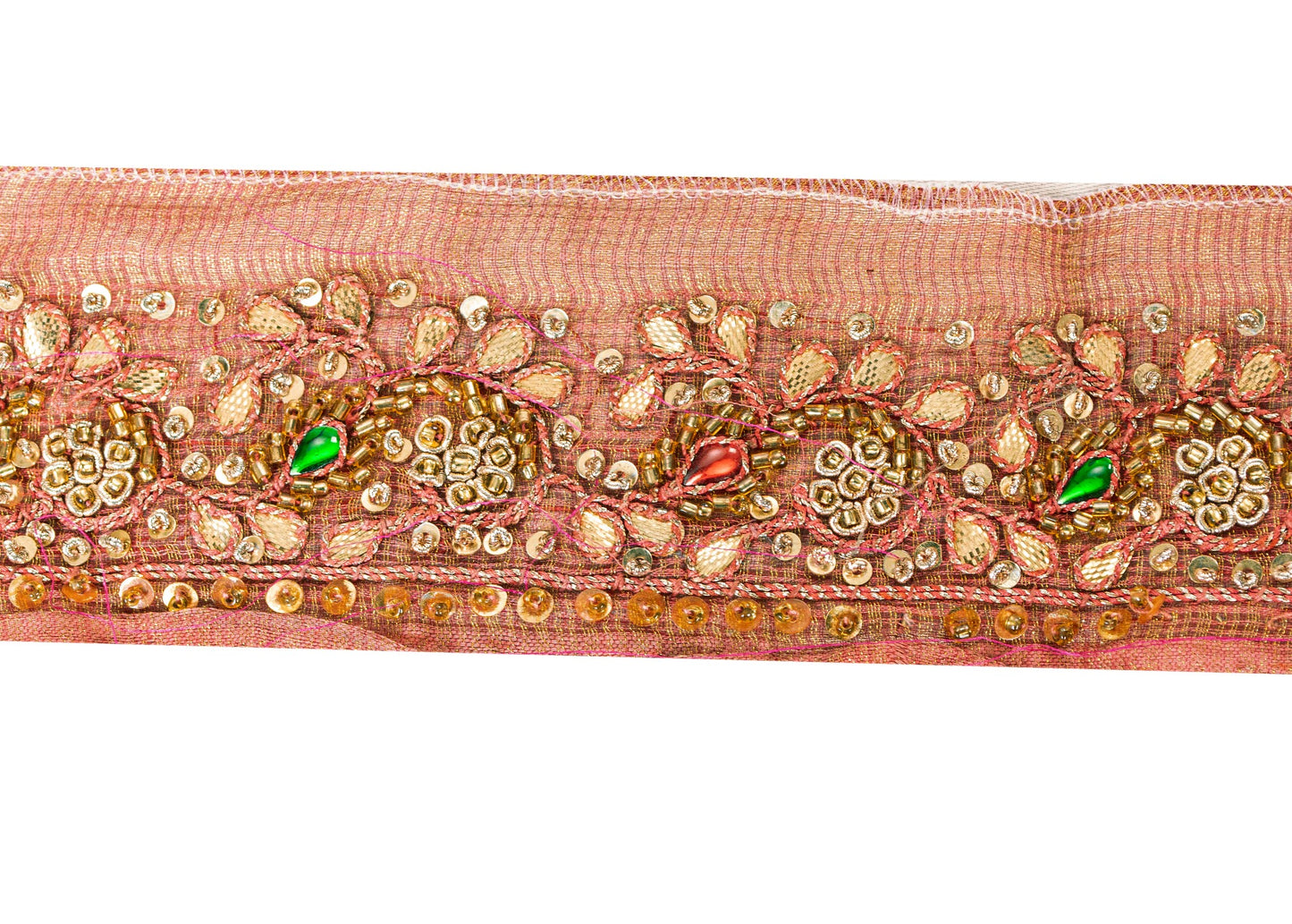 Sanskriti Vintage Red Beaded Saree Border Trim 1YD Craft Silk Zardozi Lace 2.1"W