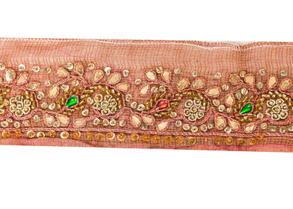 Sanskriti Vintage Red Beaded Saree Border Trim 1YD Craft Silk Zardozi Lace 2.1"W