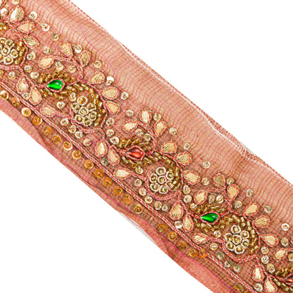 Sanskriti Vintage Red Beaded Saree Border Trim 1YD Craft Silk Zardozi Lace 2.1"W