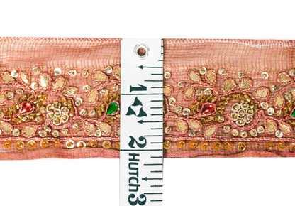Sanskriti Vintage Red Beaded Saree Border Trim 1YD Craft Silk Zardozi Lace 2.1"W