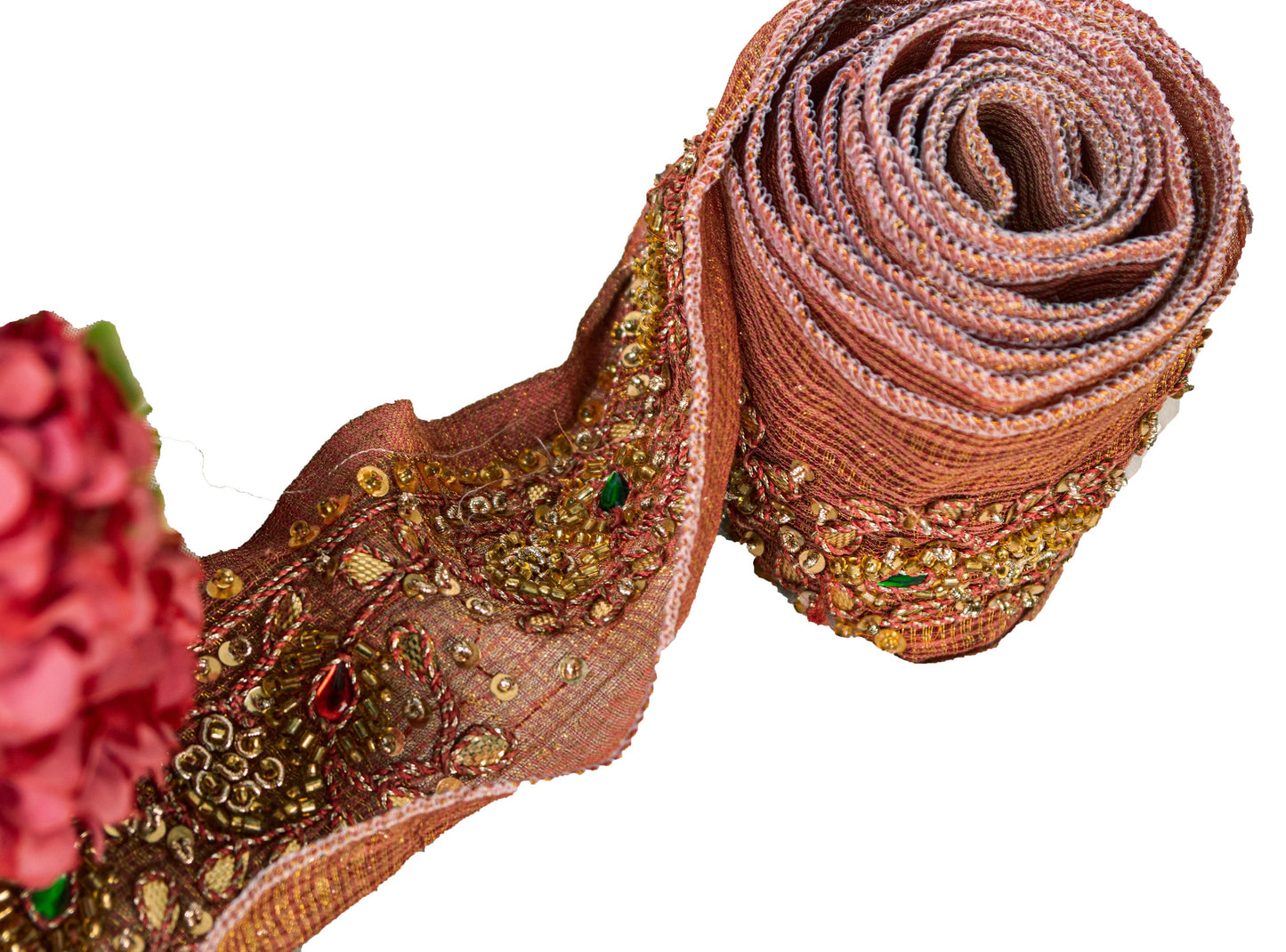 Sanskriti Vintage Red Beaded Saree Border Trim 1YD Craft Silk Zardozi Lace 2.1"W