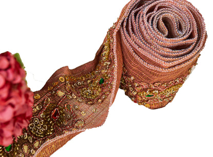 Sanskriti Vintage Red Beaded Saree Border Trim 1YD Craft Silk Zardozi Lace 2.1"W