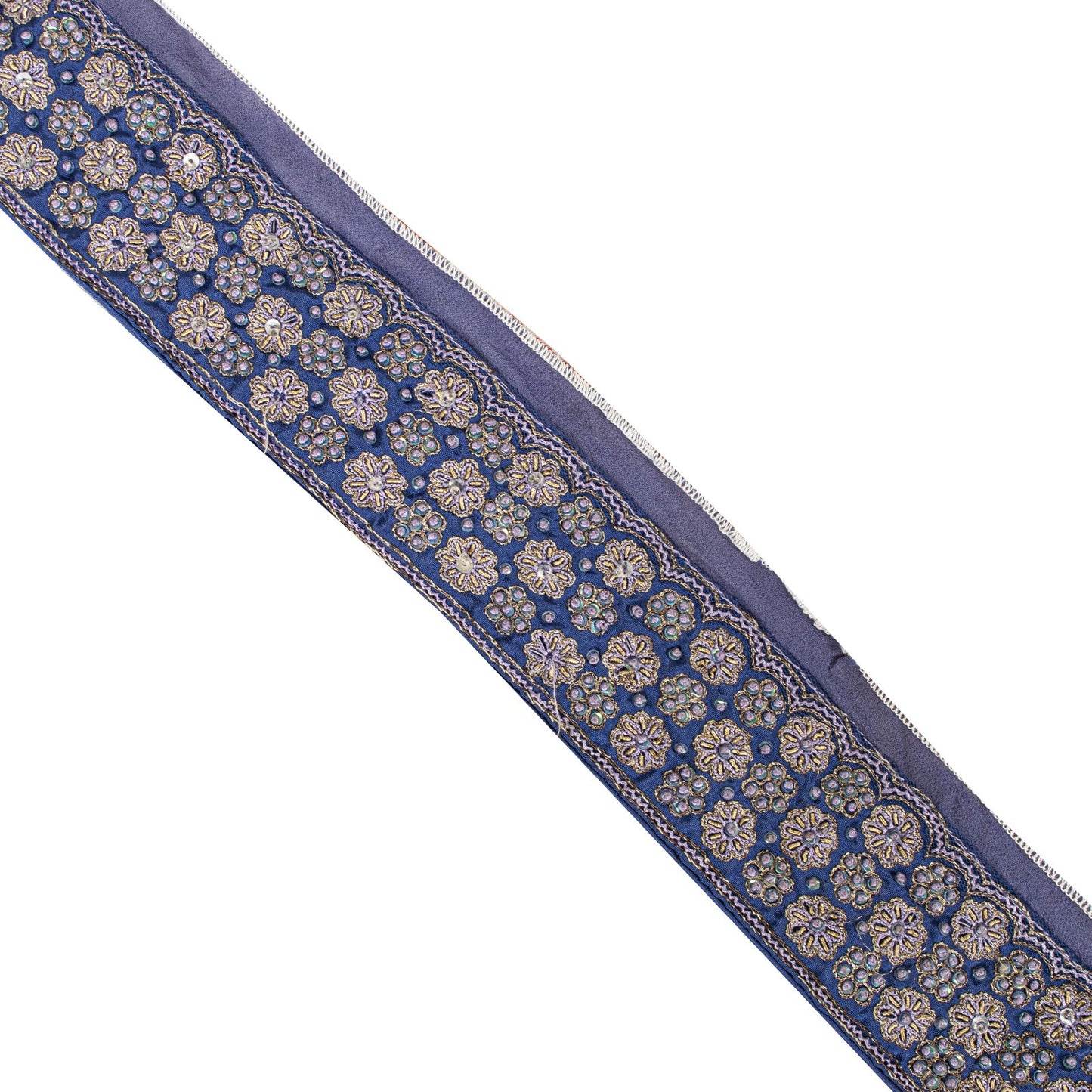 Sanskriti Vintage Blue Silk 1 YD Sari Border Trim Hand Embroidered Zardozi Lace