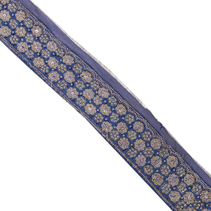 Sanskriti Vintage Blue Silk 1 YD Sari Border Trim Hand Embroidered Zardozi Lace