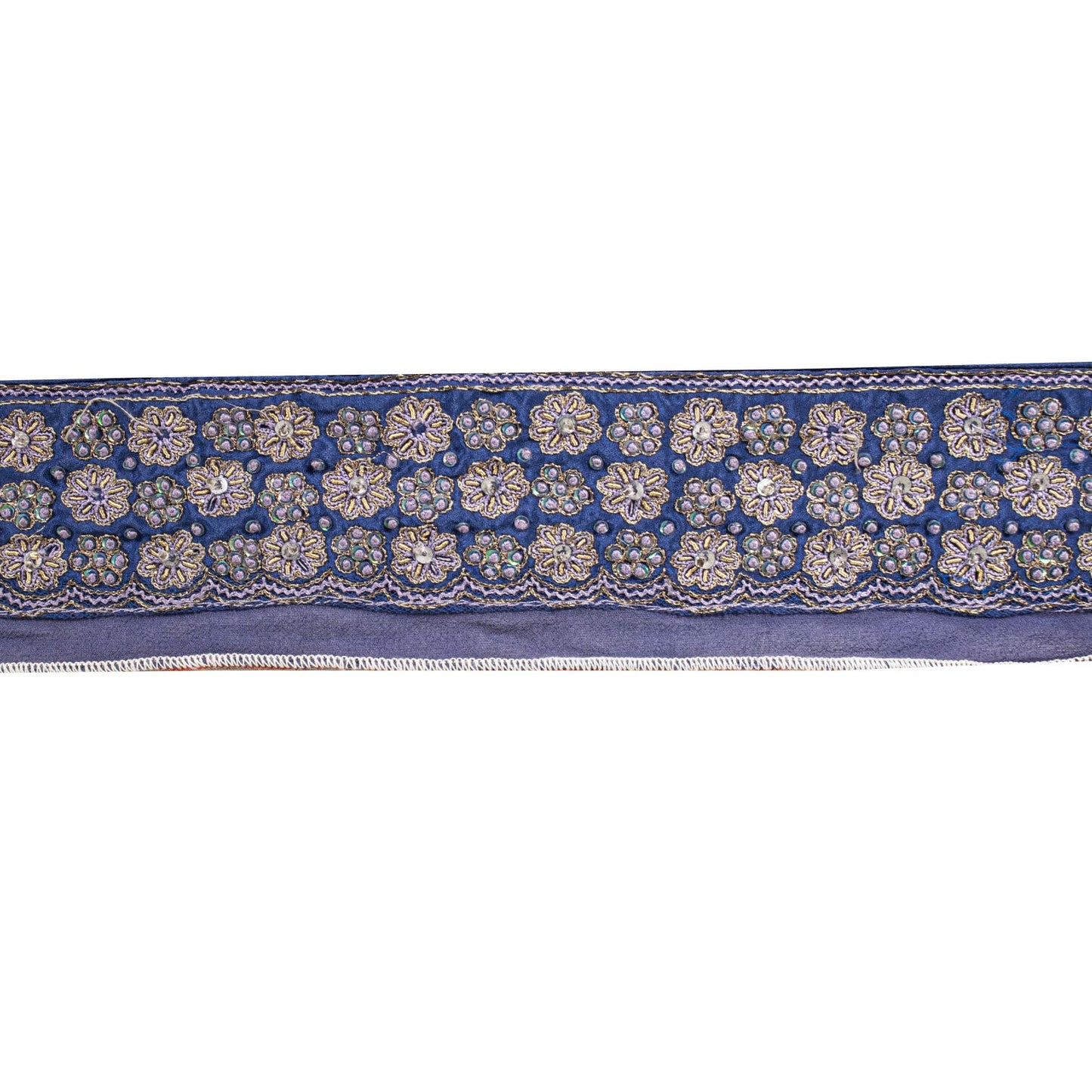 Sanskriti Vintage Blue Silk 1 YD Sari Border Trim Hand Embroidered Zardozi Lace