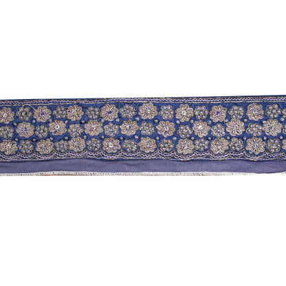 Sanskriti Vintage Blue Silk 1 YD Sari Border Trim Hand Embroidered Zardozi Lace