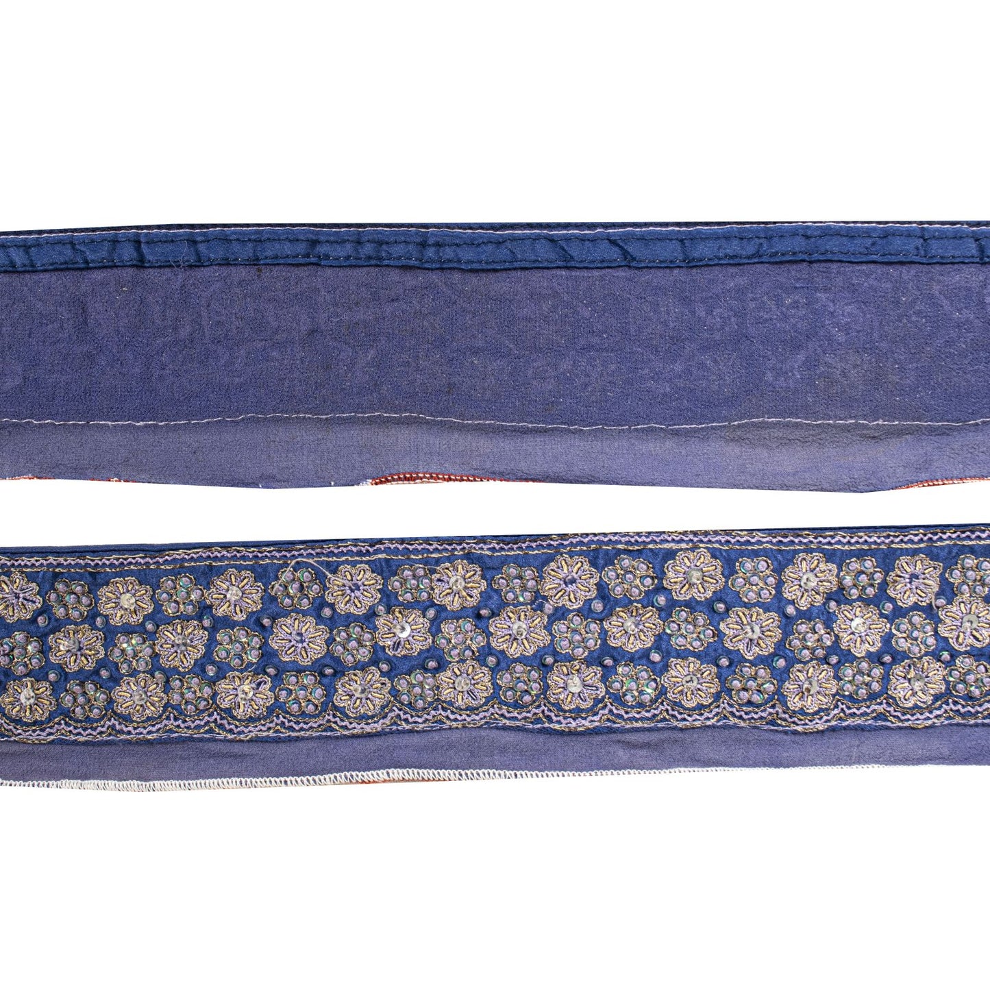 Sanskriti Vintage Blue Silk 1 YD Sari Border Trim Hand Embroidered Zardozi Lace
