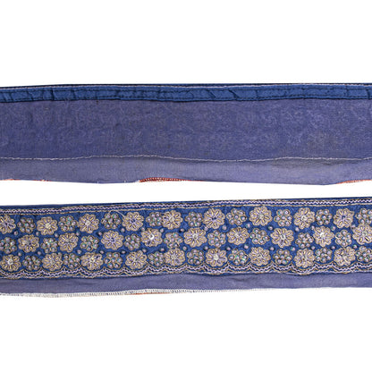 Sanskriti Vintage Blue Silk 1 YD Sari Border Trim Hand Embroidered Zardozi Lace