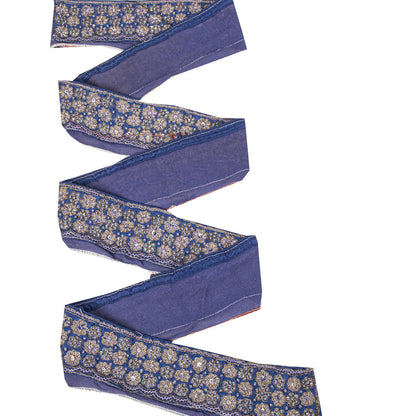 Sanskriti Vintage Blue Silk 1 YD Sari Border Trim Hand Embroidered Zardozi Lace