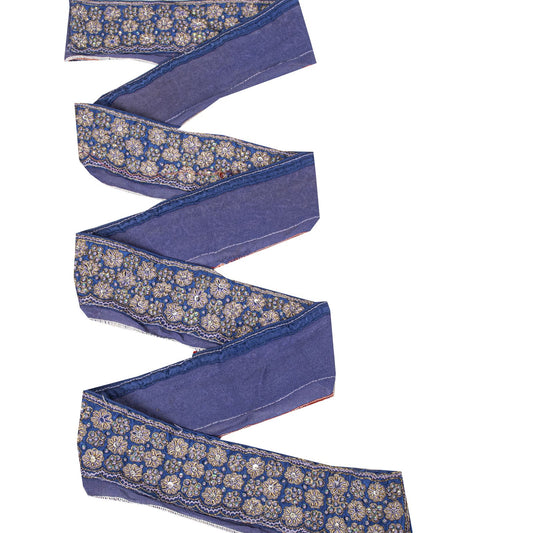 Sanskriti Vintage Blue Silk 1 YD Sari Border Trim Hand Embroidered Zardozi Lace