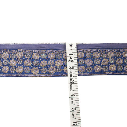 Sanskriti Vintage Blue Silk 1 YD Sari Border Trim Hand Embroidered Zardozi Lace