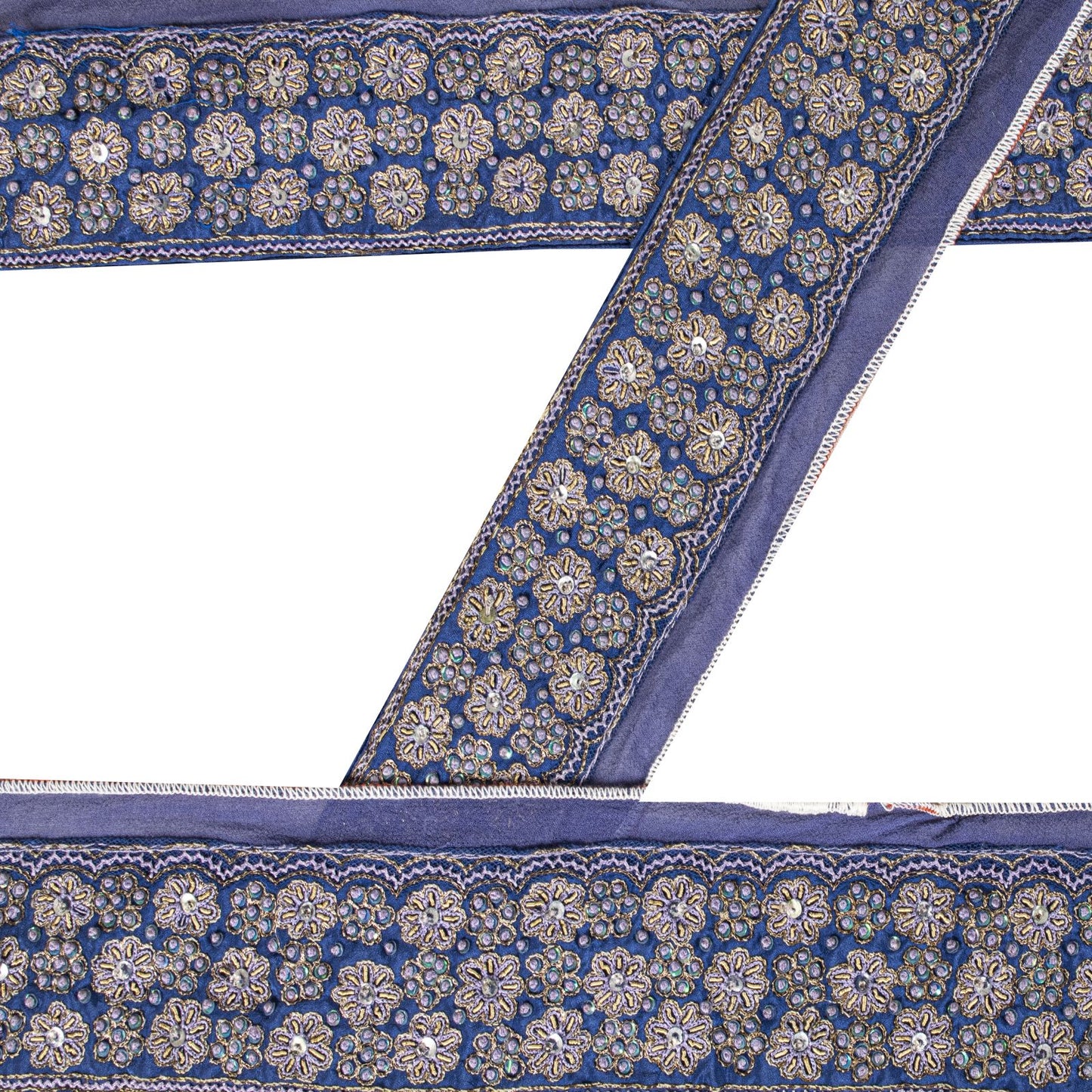Sanskriti Vintage Blue Silk 1 YD Sari Border Trim Hand Embroidered Zardozi Lace