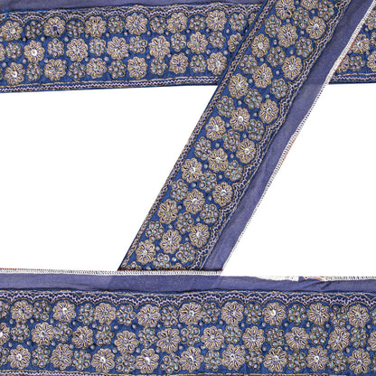 Sanskriti Vintage Blue Silk 1 YD Sari Border Trim Hand Embroidered Zardozi Lace