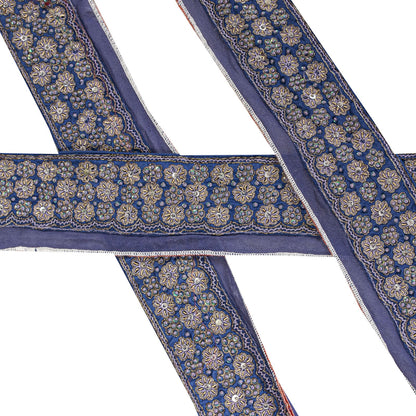 Sanskriti Vintage Blue Silk 1 YD Sari Border Trim Hand Embroidered Zardozi Lace