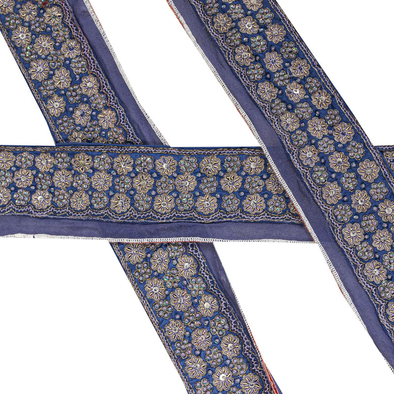 Sanskriti Vintage Blue Silk 1 YD Sari Border Trim Hand Embroidered Zardozi Lace
