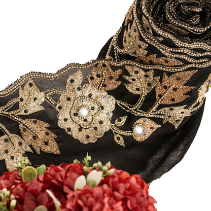 Sanskriti Vintage Black Beaded Saree Border Trim 1YD Craft Georgette Lace 3.5"W