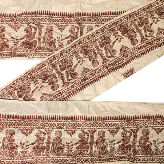 Sanskriti Vintage Cream Saree Border Baluchari Hand Woven Trim 1YD Silk Lace 5"