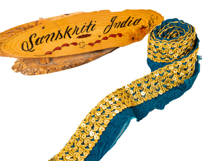 Sanskriti Vintage Craft Trims 1YD Saree Border Blue Embroidered Sequins 1.5"Lace