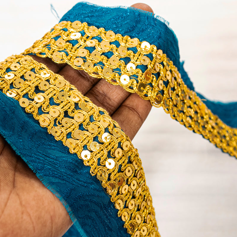 Sanskriti Vintage Craft Trims 1YD Saree Border Blue Embroidered Sequins 1.5"Lace