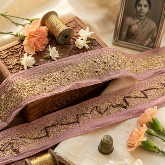 Sanskriti Vintage Pink Chiffon Silk 1 YD Sari Border Hand Embroidered Trim Lace