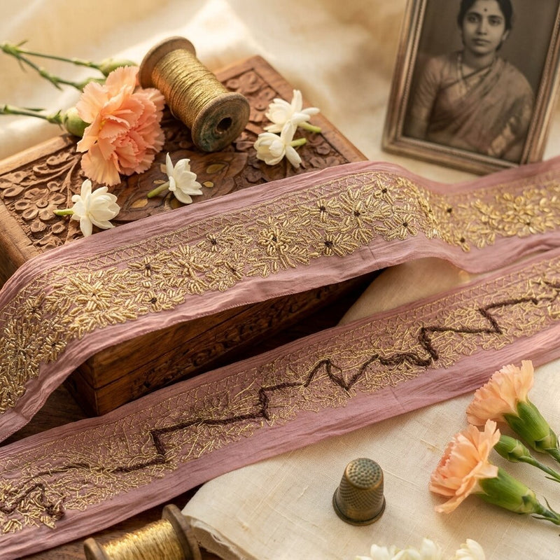 Sanskriti Vintage Pink Chiffon Silk 1 YD Sari Border Hand Embroidered Trim Lace