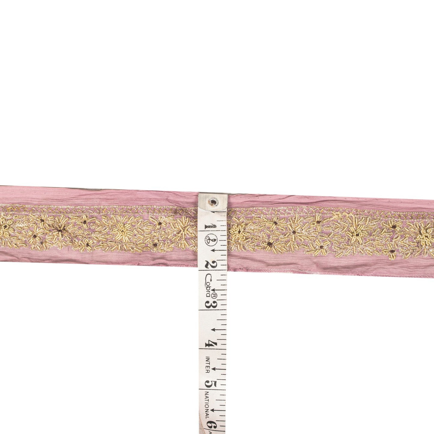 Sanskriti Vintage Pink Chiffon Silk 1 YD Sari Border Hand Embroidered Trim Lace