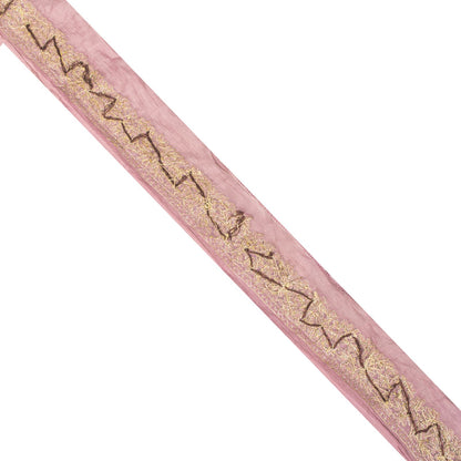 Sanskriti Vintage Pink Chiffon Silk 1 YD Sari Border Hand Embroidered Trim Lace