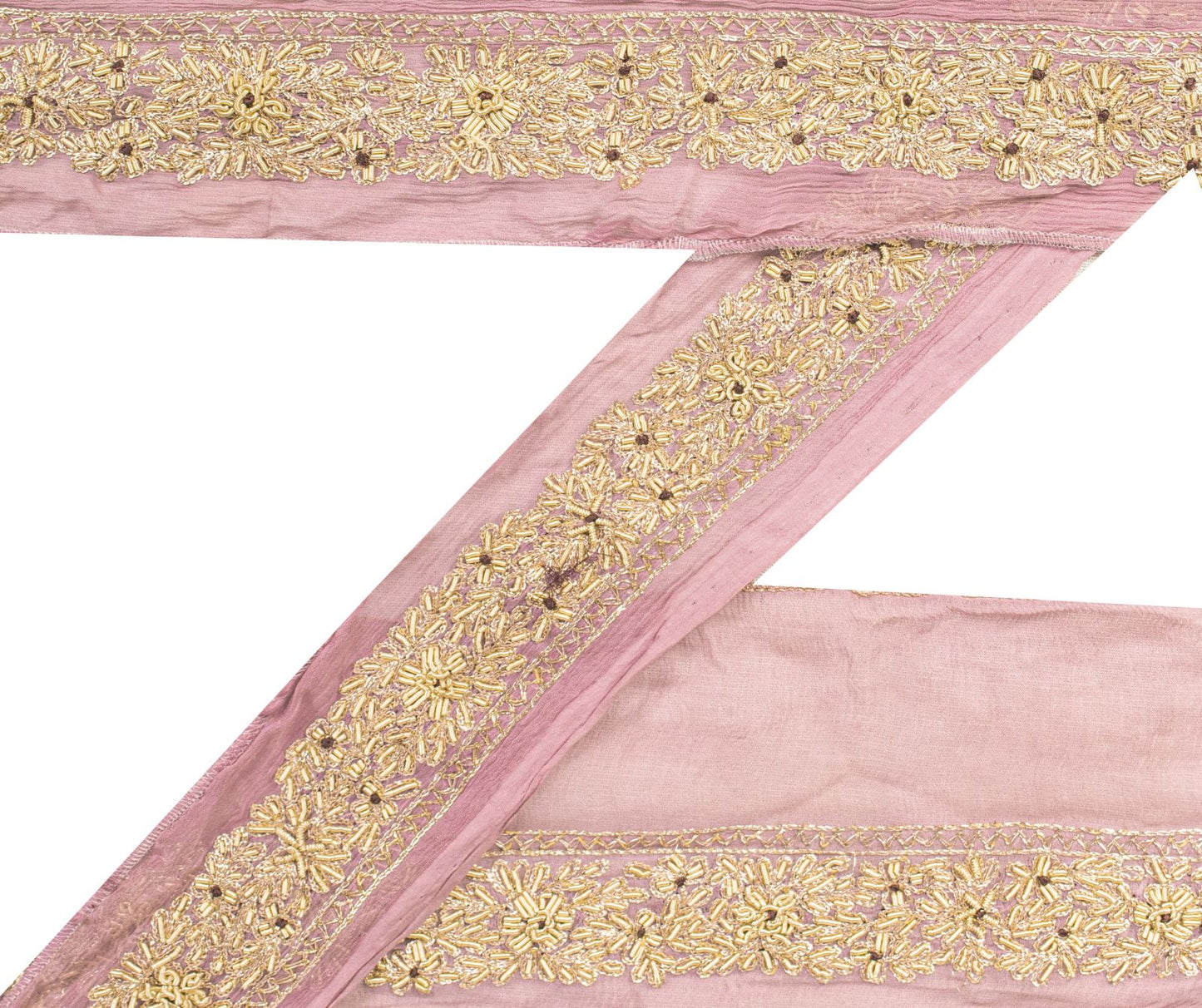 Sanskriti Vintage Pink Chiffon Silk 1 YD Sari Border Hand Embroidered Trim Lace