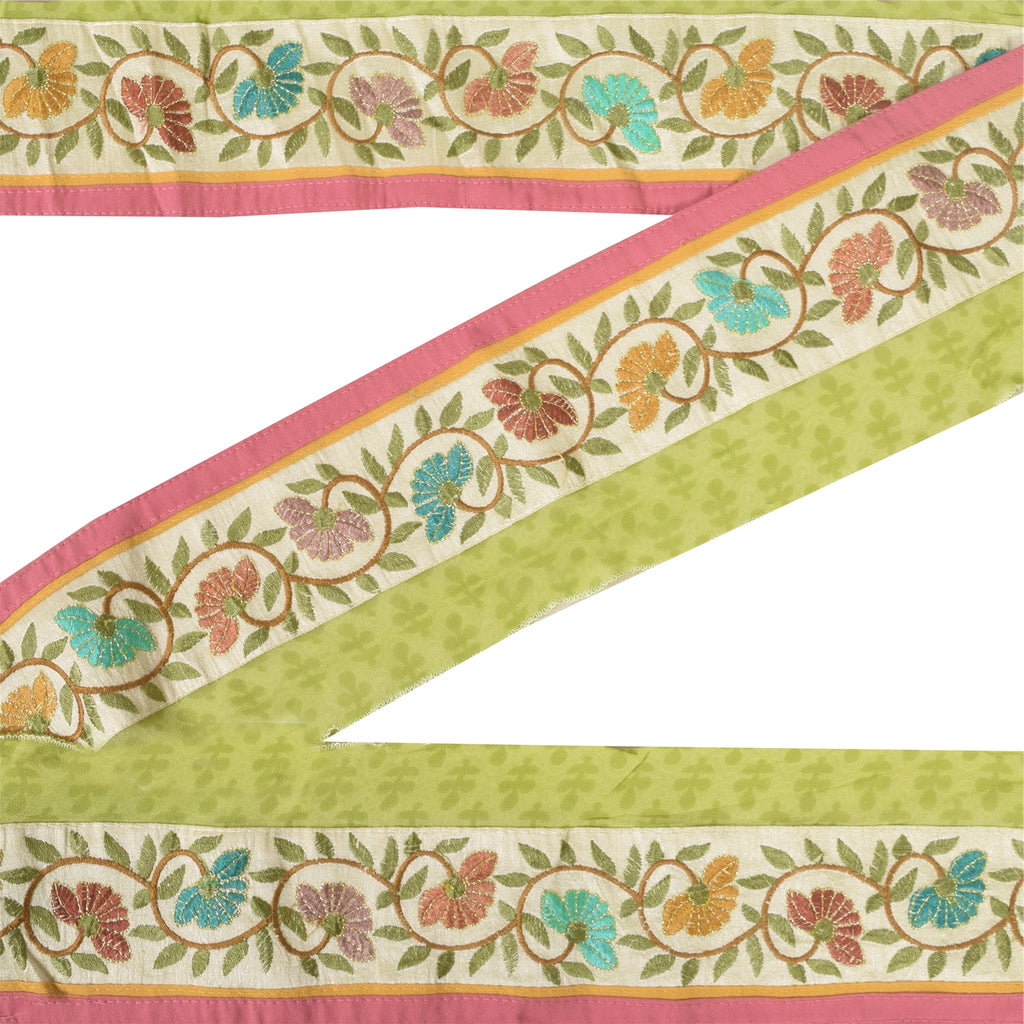 Sanskriti Vintage 1 Yd Sari Border Embroidered Craft Trim Lace 3"W Floral Cream
