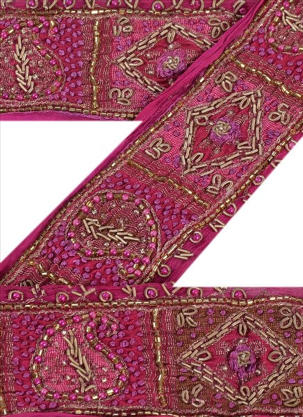 Sanskriti Vintage Sari Border Hand Beaded Craft Trims Lace 1 Yard Zari Purple