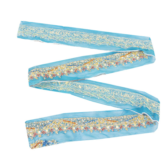 Sanskriti Vintage Sari Border Hand Beaded Zardozi Lace 1.5W Ribbon Zari Blue