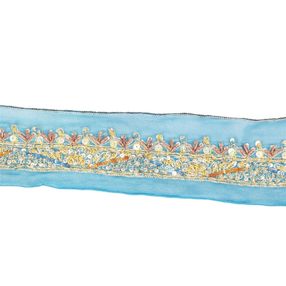 Sanskriti Vintage Sari Border Hand Beaded Zardozi Lace 1.5W Ribbon Zari Blue